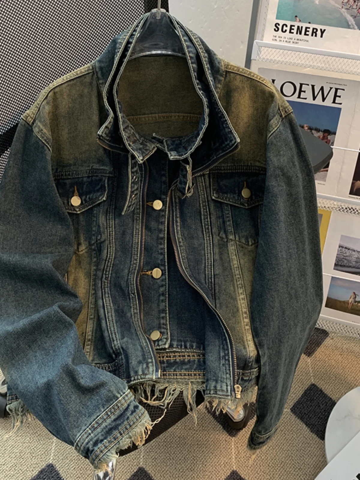 

American Vibe Men's Denim Jaet Loose Stand Collar Vintage Sle Spring Autumn Trendy Casual Coat Long Sve Zipper Closure