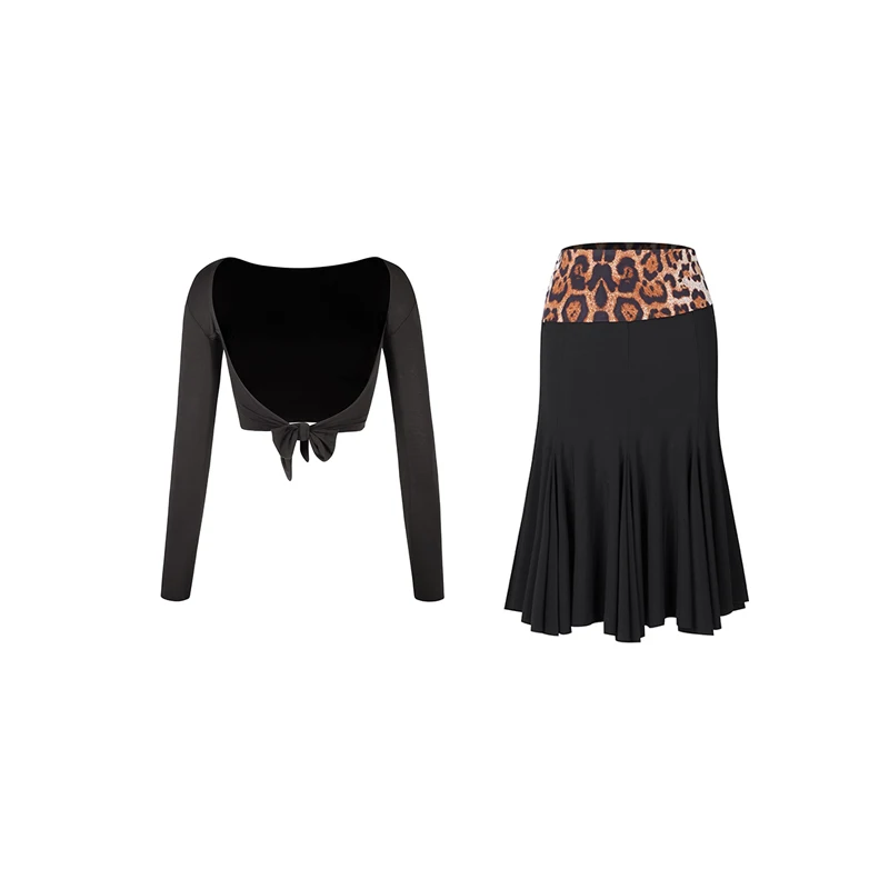 New ZYM Latin Dance Costume Women Black Tops Leopard Skirt Backless Sexy Performance Wear Adult Latin Competition Dress DNV21786