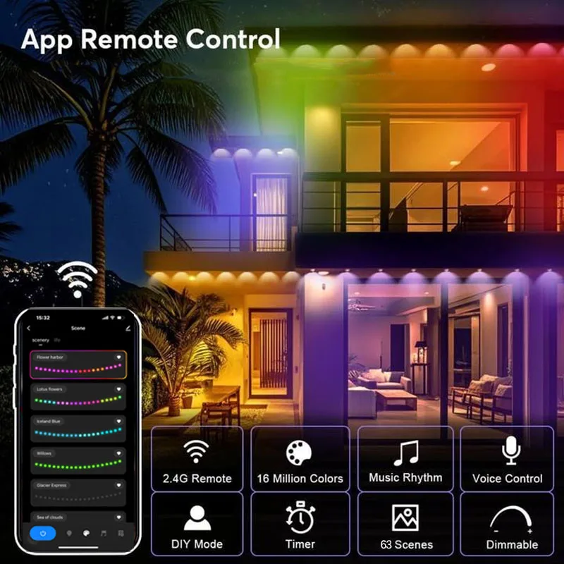 30M Smart WIFI RGBIC Eaves Lights Permanent Outdoor Lights Outdoor Waterproof Lighting Strings Work with Alexa, Google Assistant