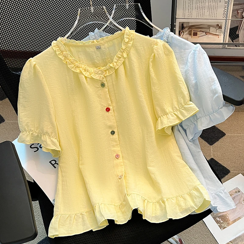 Fashion Women Ruffled O Neck Blouse Sleeve Summer Single Breasted Slim Top Korean Cute Ladies Top