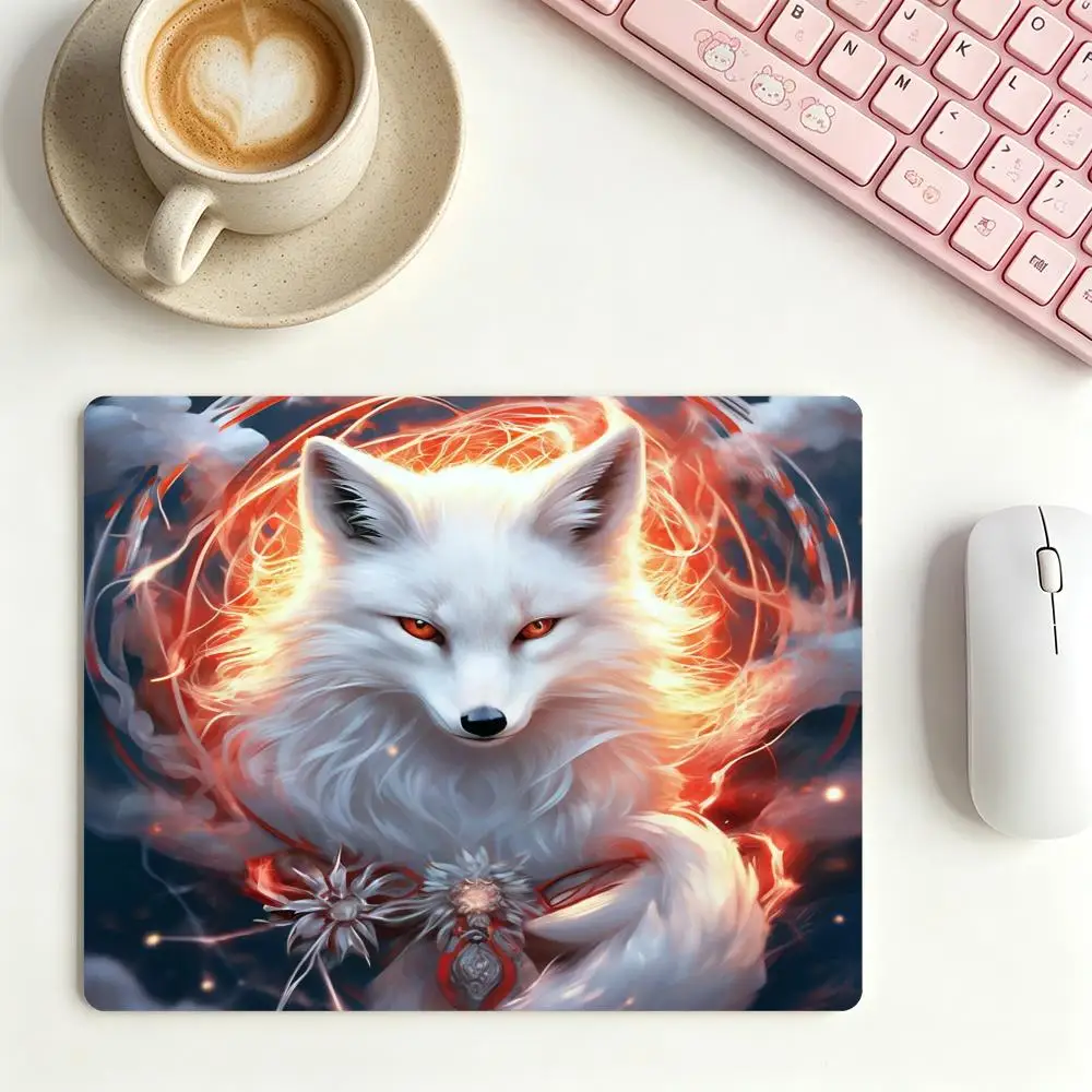 Fantasy White Fox With Flame Aura Large Desk Pad mousepad table mat laptop office desktop bedroom learning keyboard accessories