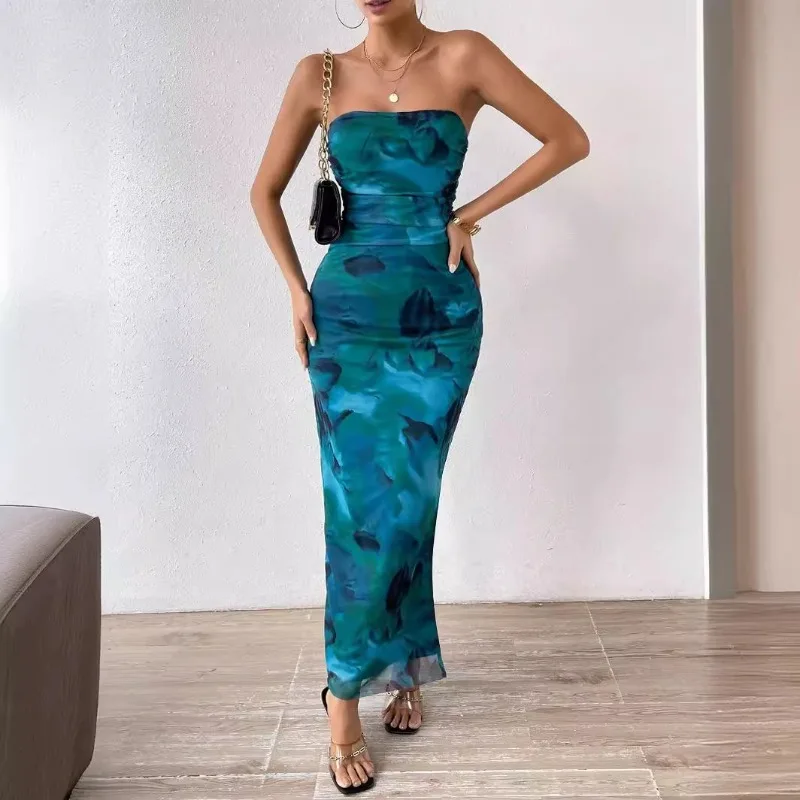 

Sexy Strapless Print Tube Maxi Dress Women Off Shoulder Backless Stretch Long Sundress Y2k Summer Bohemia Clothes Платье 원피스