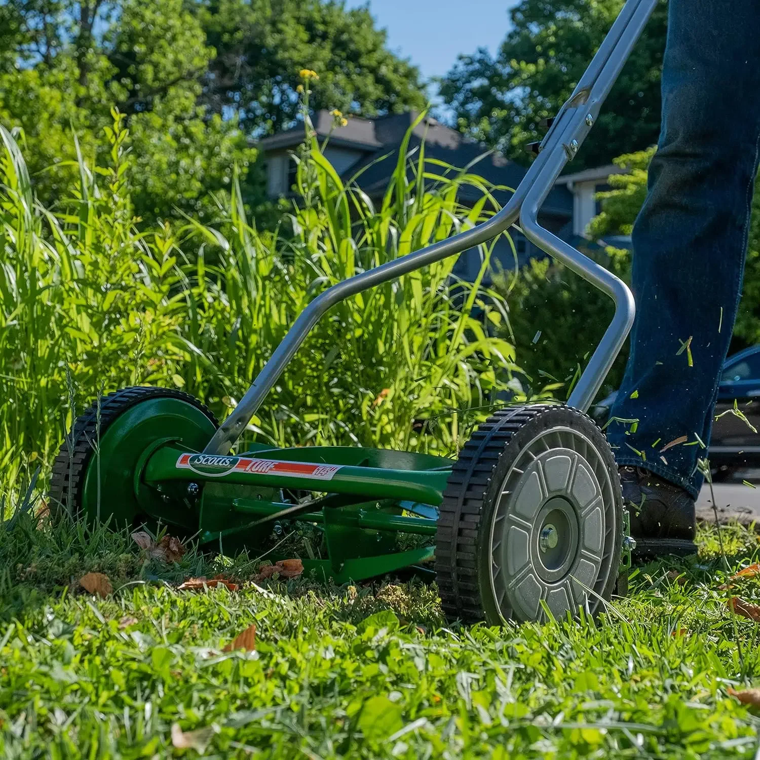 Ferramentas elétricas externas 304-14S Cortador de grama com carretel de pressão de 5 lâminas de 14 polegadas, verde