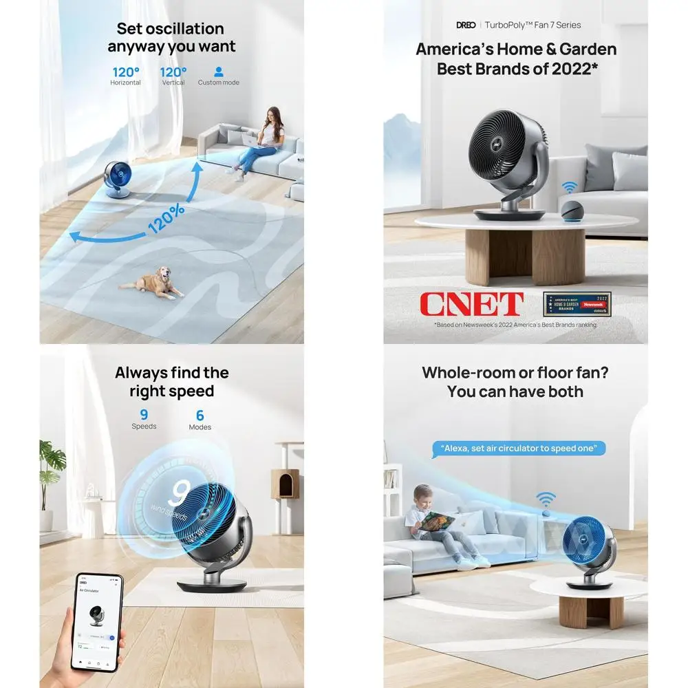 

16-дюймовый бесшумный умный вентилятор для спальни с пультом ДУ, 25 дБ, 120 ° Осцилляция, 6 режимов, 9 скоростей, таймер на 12 часов, управление по Wi-Fi/голосовое управление, серебристый цвет