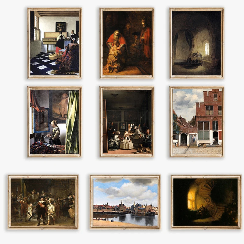 Las Meninas/Little Street in Delft/Milkmaid Poster Dark Canvas Painting Vintage Baroque Wall Art Picture Office Home Decor