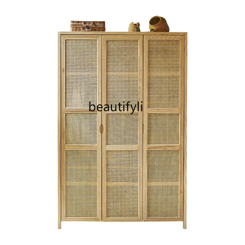 Solid Wood Wardrobe Ash Sliding Door Locker Post-Modern Bedroom Sliding Door Indonesian Rattan Wardrobe