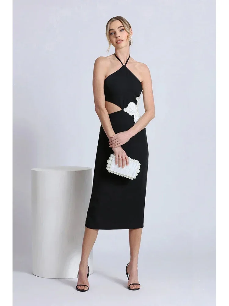 

Sexy Halter 3D Flower Beading Midi Bandage Dresses for Women Black Sleeveless Cut Out Bodycon Celebrity Evening Party Dress Club