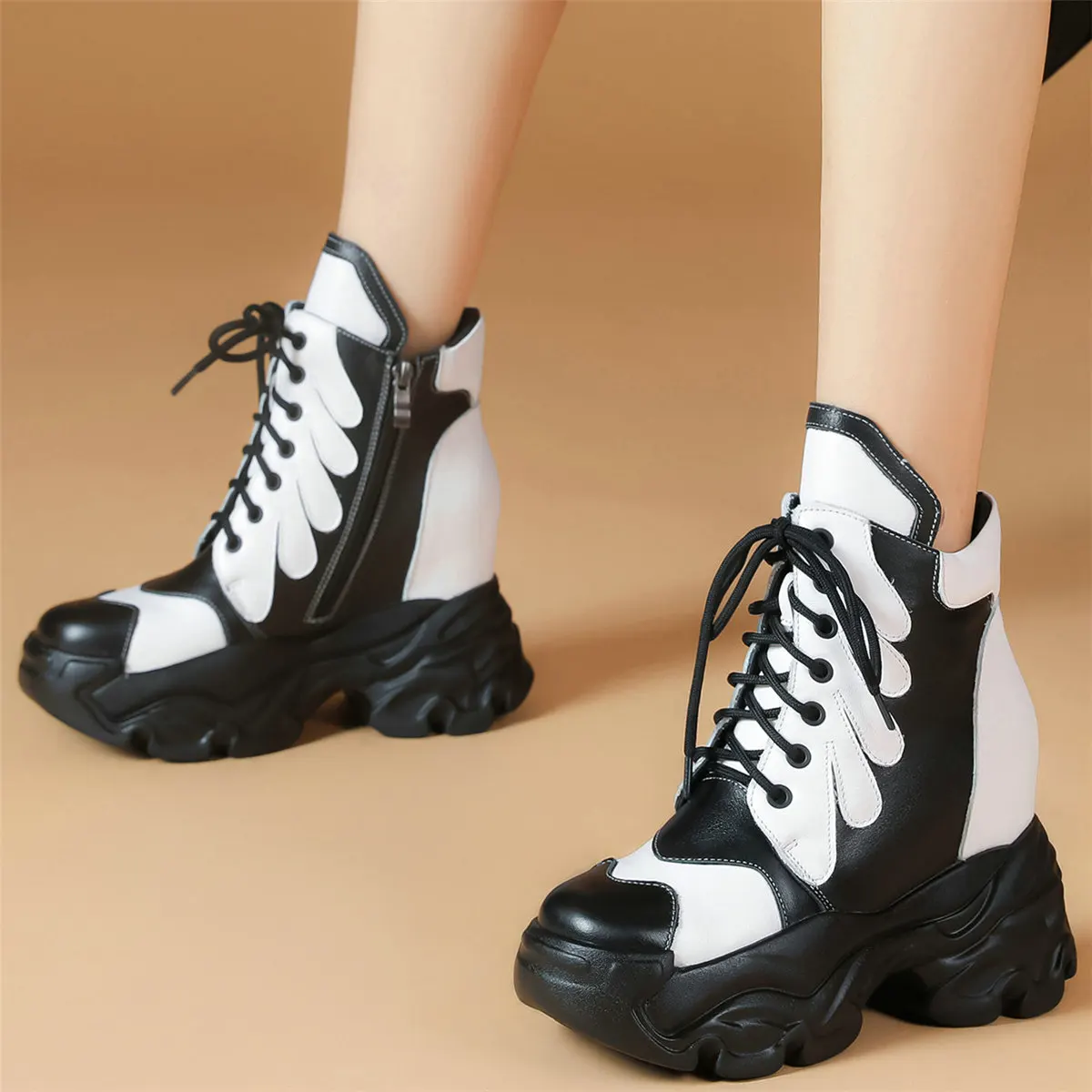 

High Top Pumps Shoes Women Lace Up Genuine Leather Super High Heels Ankle Boots Female Round Toe Fashion Sneakers Casual Shoes