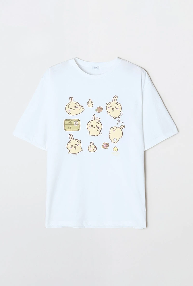 Kawaii Chiikawa Usagi Group Graphic Tshirt Joint Brand White Solid Cotton Oversized Tee Lovely Rabbit Pattern Short Sleeve Shirt
