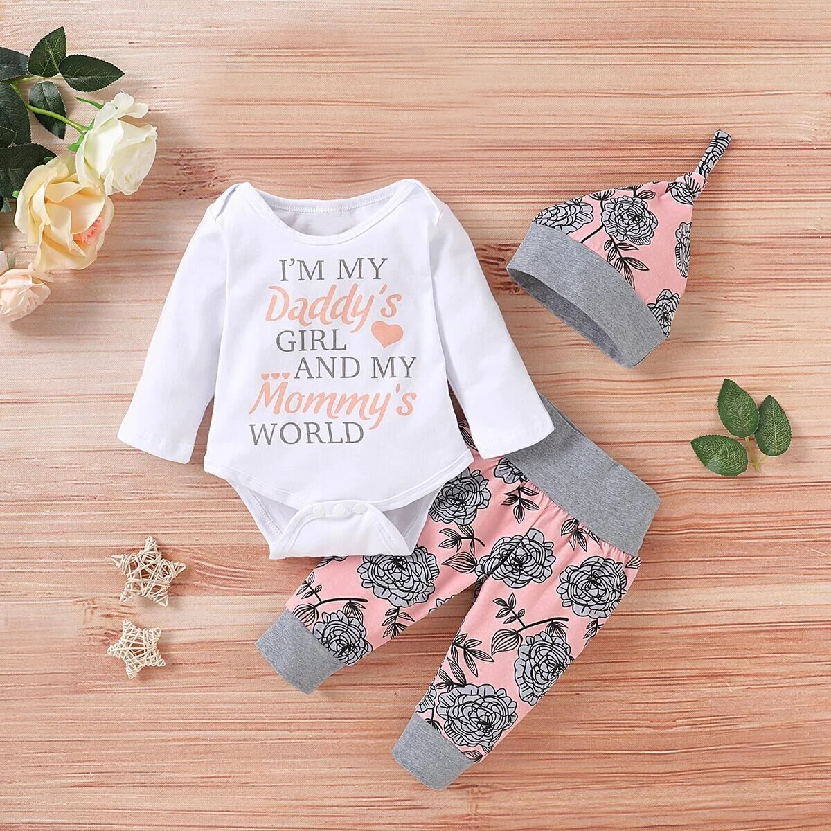 

3pcs Baby Girl 95% Cotton Long-sleeve Letter and Floral Print Set