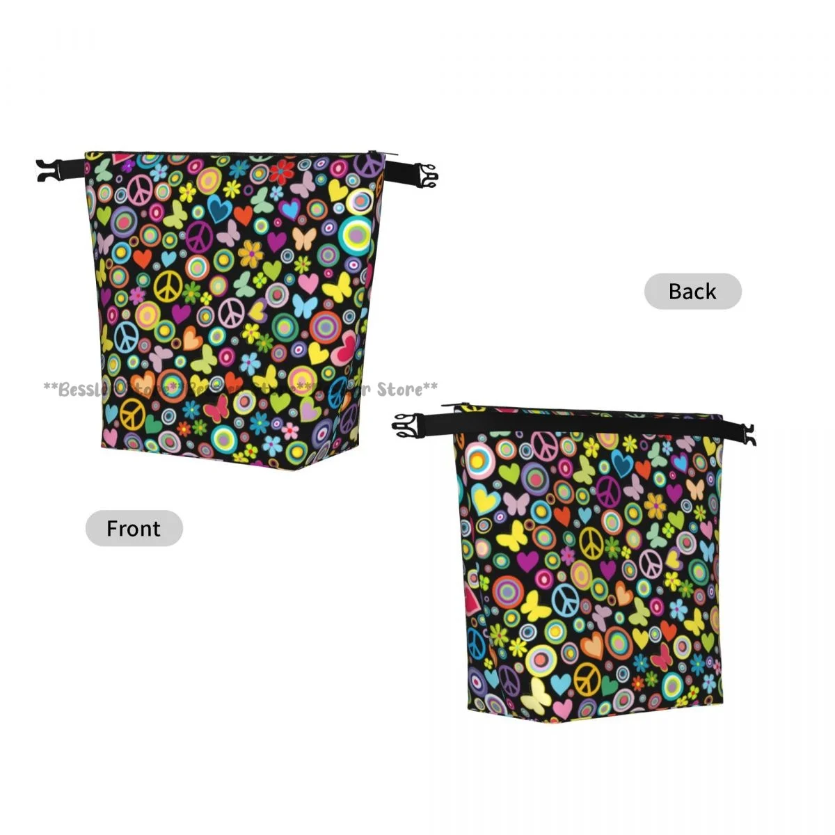 Roll Top Thermal Lunch Bag Flowers Circles Hearts Butterflies And Peace Signs Insulated Bento Bag Reusable Food Storage Handbag
