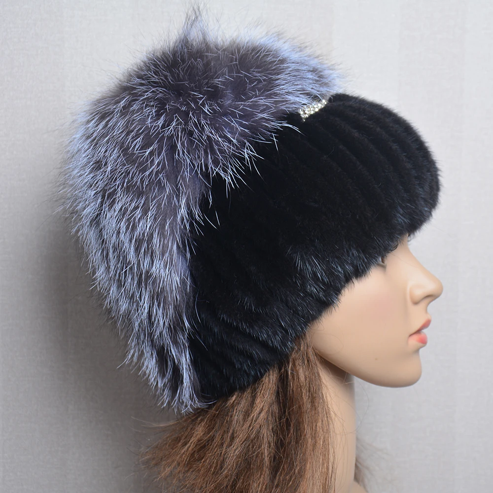 Women Winter Mink Fur Hats Knitted Real Mink Silver Fox Fur Caps Female Russian Warm Beanies Hat Women\'s Fur Hat