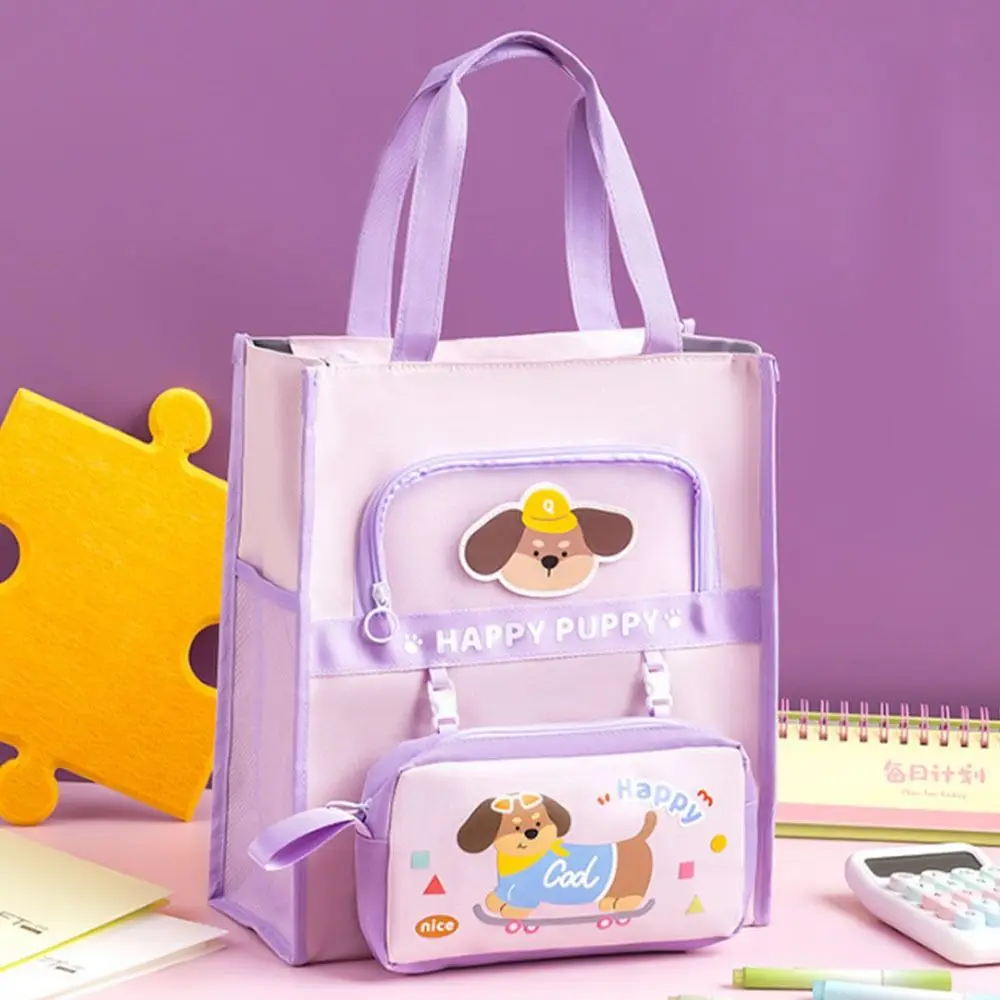 Cartoon Tote School Bag Cute Dog Detachable Pencil Bag Multi-layer File Organizer with Handle Oxford Cloth Tutorial Bag