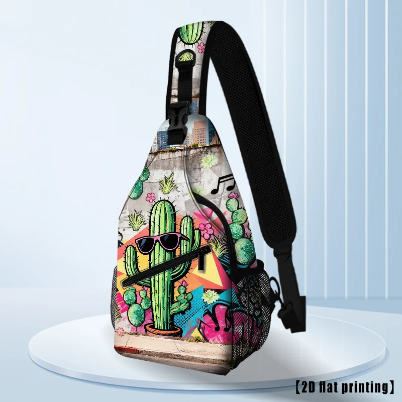 Cool Cactus Graffiti Print Sling Backpack Trippy Street Art Pattern Crossbody Bag Lightweight Casual Chest Bag for Music Plant
