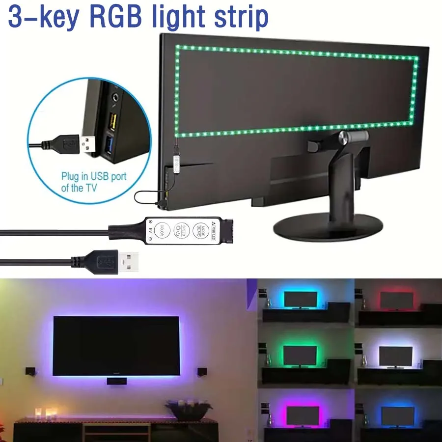 LED light strip with three-button controller, USB powered, adjustable lighting modes, RGB color changing, flexible and cutable,