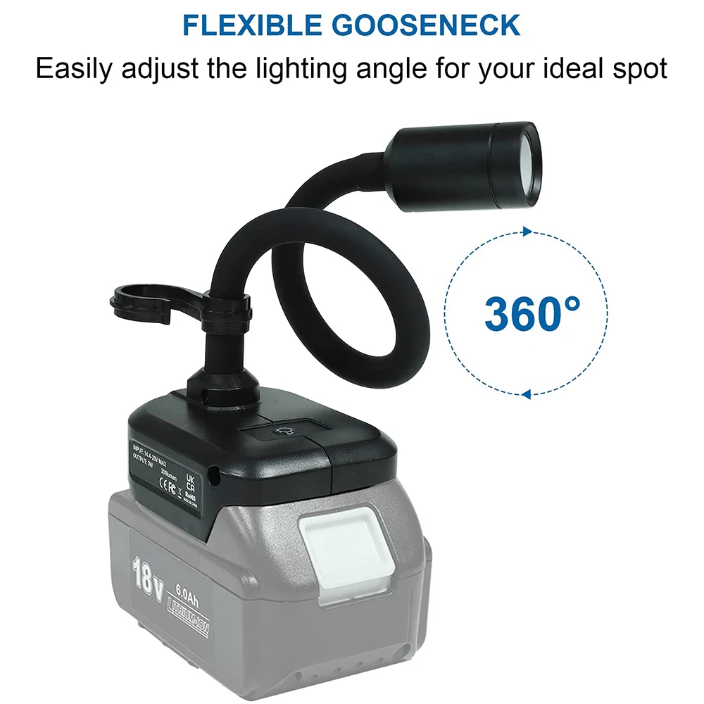 Mangueira Led Portátil para Trabalho de Mesa Luz de Trabalho Makita Bosch Dewalt Milwaukee Black Decker Artesão Bateria de Lítio 18v