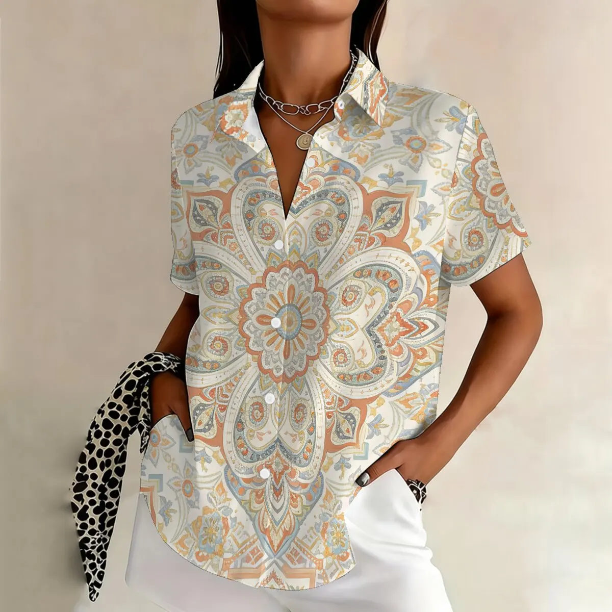 

Fashion Plus Size Women's Summer Printed Short-Sleeve Shirt • Retro Artistic • Clean Minimalist • Commute • Date • Vacation