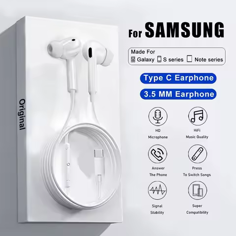 Original Type C Wired Earbuds Headphones For Samsung Galaxy S23 S22 S21 Ultra Plus 3.5 mm Jack Earphone A54 A34 A53 Accessories