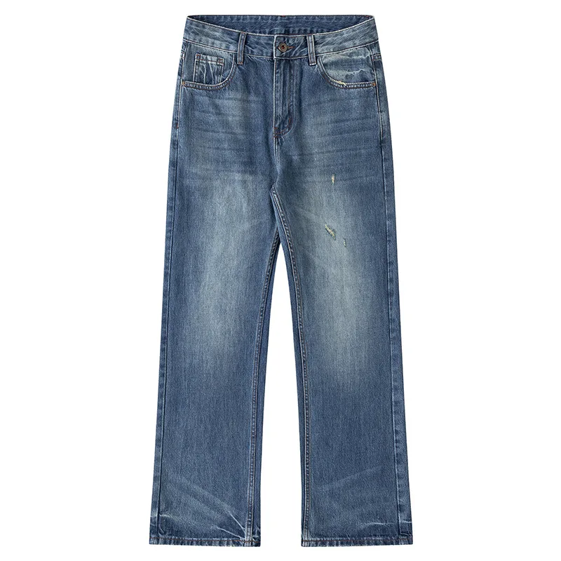 【Mirrordust】Celana Jeans Biru Vintage untuk Pria, Gaya High Street Amerika Musim Gugur, Celana Panjang Sederhana, Celana Lurus Kelas Atas Serbaguna