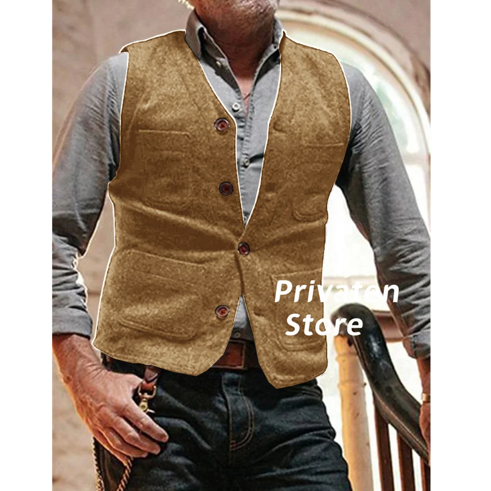 Men\'s Suit Vest Cotton V-Neck Soft And Warm Slim Fit Brown Man Waistcoat Tops Prom Dress Suits Hombre Steampunk Male Tops