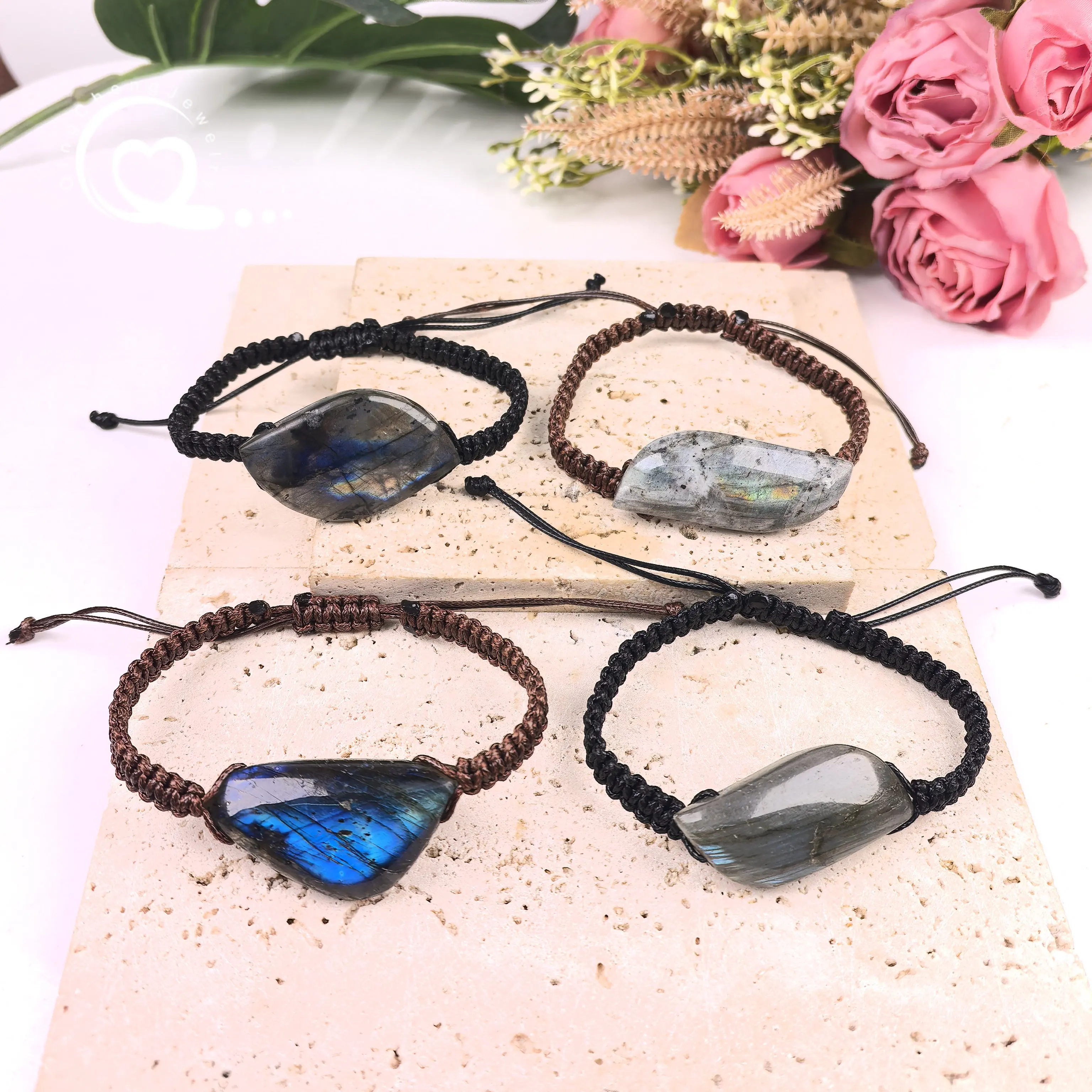

Natural Labradorite Cord Knotted Handmade Bracelets Healing Stone Braided Woven Adjustable Bracelet Women Fashion Jewelry QC2092