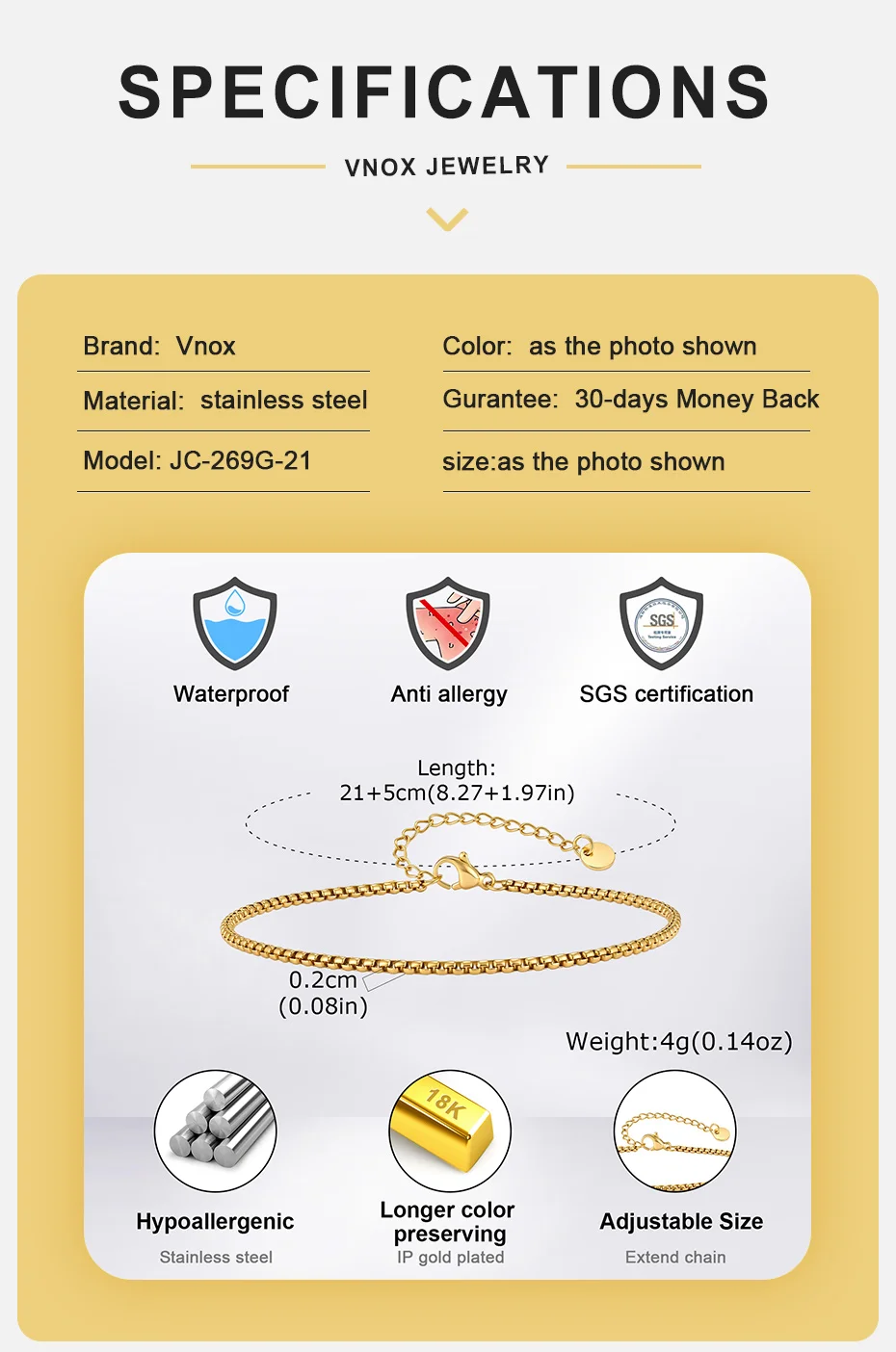 Vnox Edelstahl-Kastenkettenglieder-Fußkettchen für Männer und Frauen, gold-silberfarbenes, verstellbares Ketten-Fußkettchen-Armband, Schmuckgeschenk für Männer – Detail 4