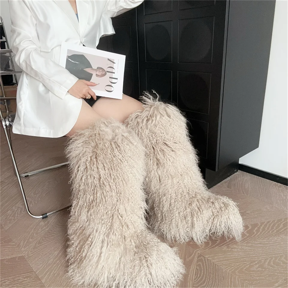 2024 Real Mongolian Fur Noots Wool Boots Warm SnowBoot Fur Wool Knee High Boots Purple/pink Fashion Winter Shoes