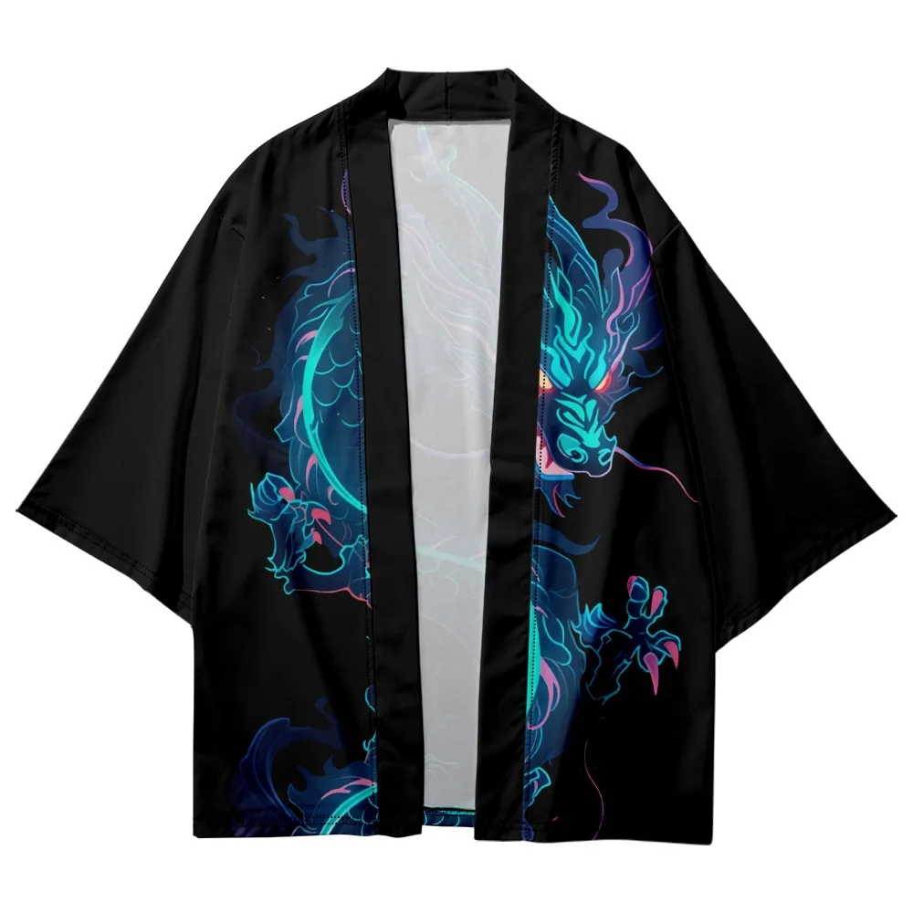 Smok Anime sweter rozpinany z nadrukiem czarne Haori kobiety chińskie Loong ubrania Cosplay w japońskim stylu Harajuku Kimono