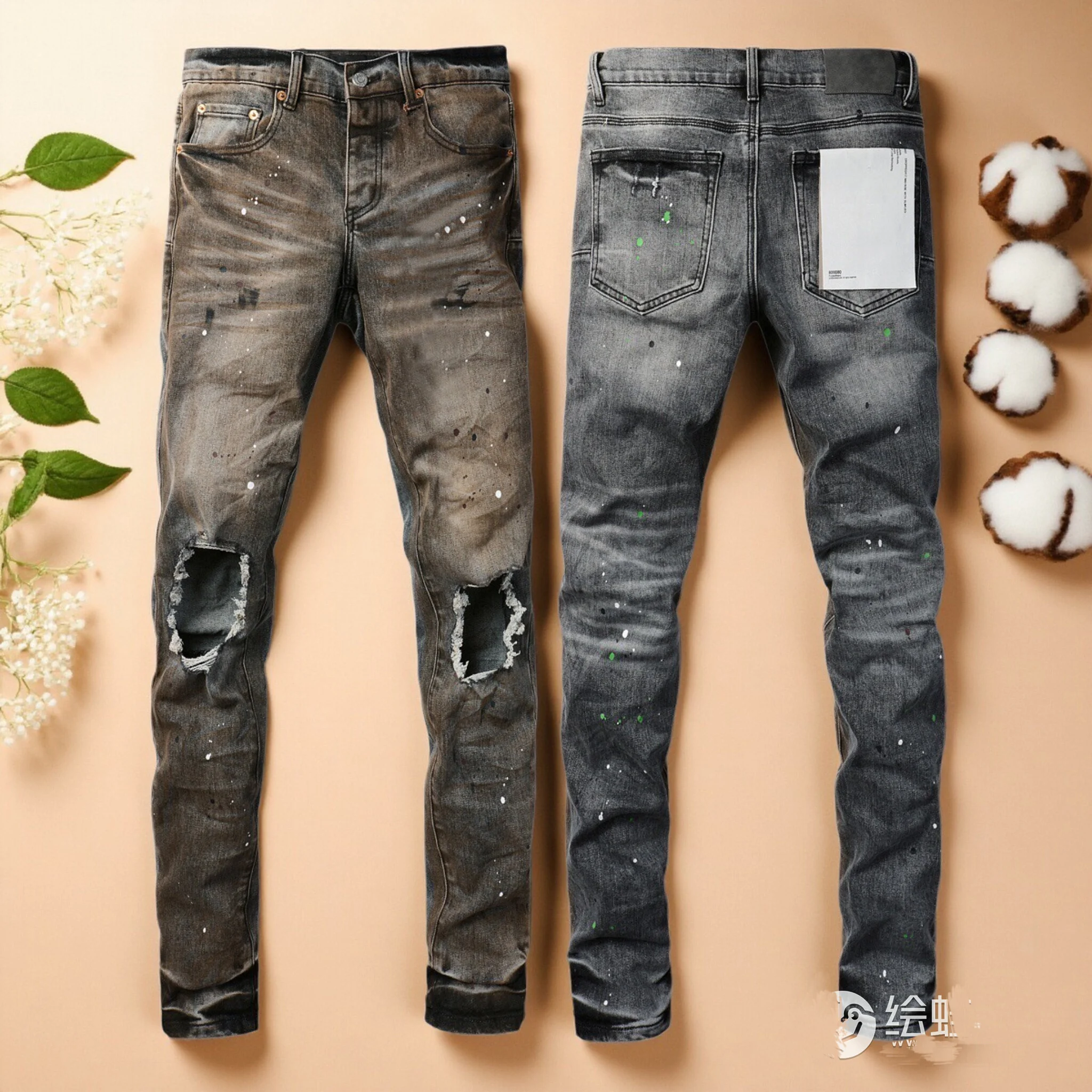 

Американские джинсы High Street Рваные двухцветные потертые бренды Брюки Джинсы