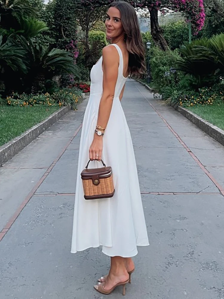 JULISSA MO Sexy Square Collar Women Maxi Dress White Spaghetti Strap High Waist Dress Female Summer Slim Elegant Party Clubwear image 2