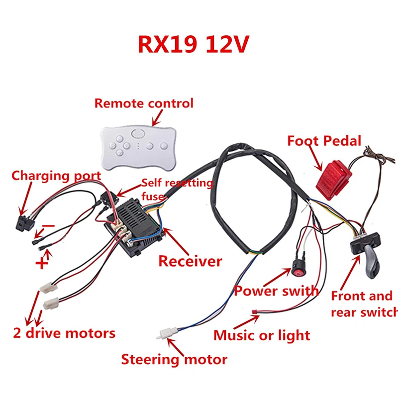 Acessórios de bricolage para carro elétrico infantil, cablagem e caixa de engrenagens, passeio em brinquedos, peças do conjunto completo, 12V