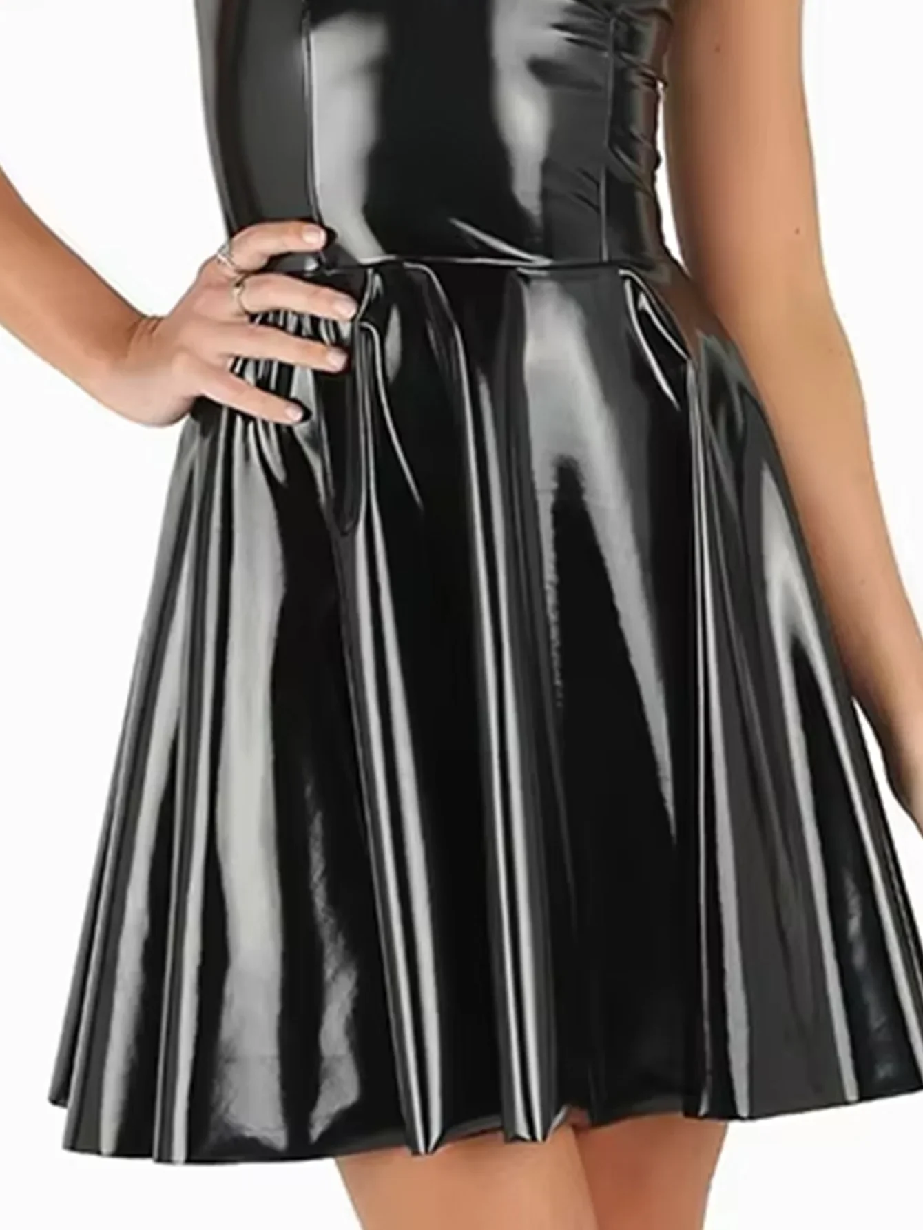 Women Glossy Black Faux Leather Plus Size Dresses Ladies Shiny PVC Fashion Pleated Dress 4XL 5XL 6XL New Hot Clothing