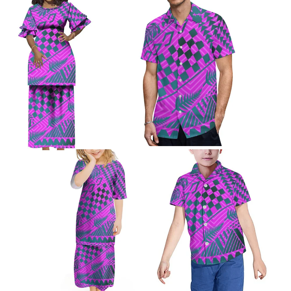 Women'S Puletasi Men'S Shirt Adult Children Family Quality Fabric Clothing Custom Polynesian Pattern Floral Patterned Design