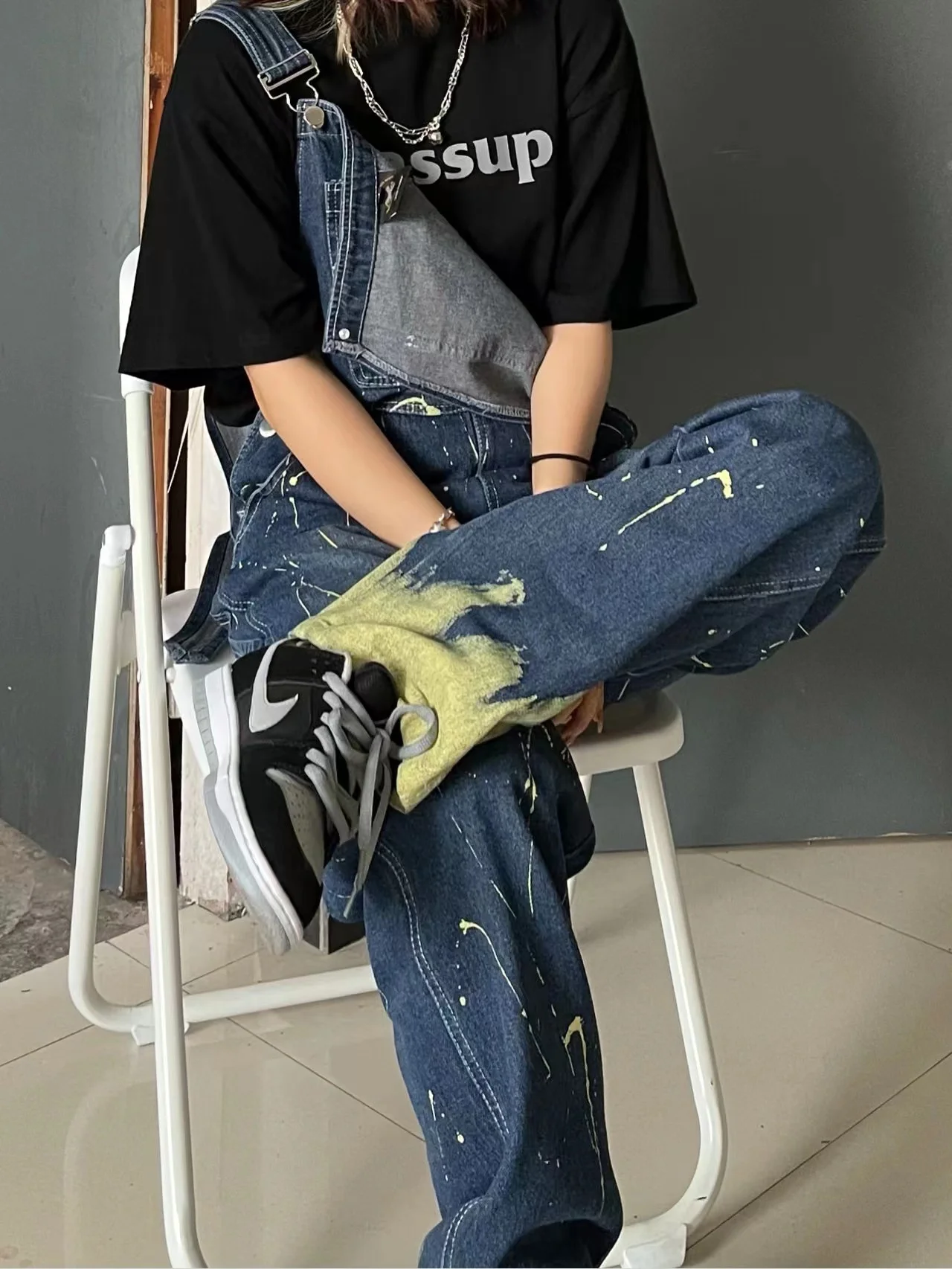 하이웨이스트 와이드 레그 데님 오버롤 여성 여름 스트릿 슬림 디자인 워크웨어 롱 팬츠 플로어 렝스 끈 팬츠