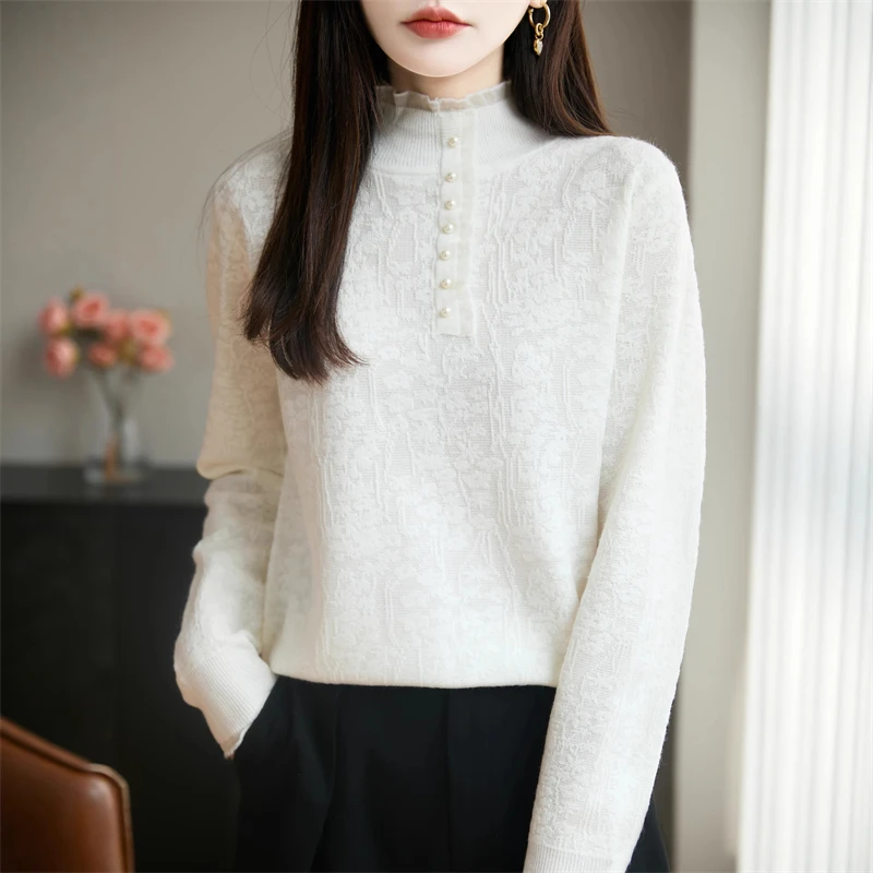 

Worsted Wool Lace Carved Sweater Female Retro Three Dimensional Lace Stitching Sweater Niche Design Sense Spring Autumn Tops