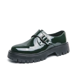 Men's Green Patent Leather Platform Loafers Buckle Slip on Shoes Big Size 38-46 Thick Sole Casual  Dress Formal Male Footwear
