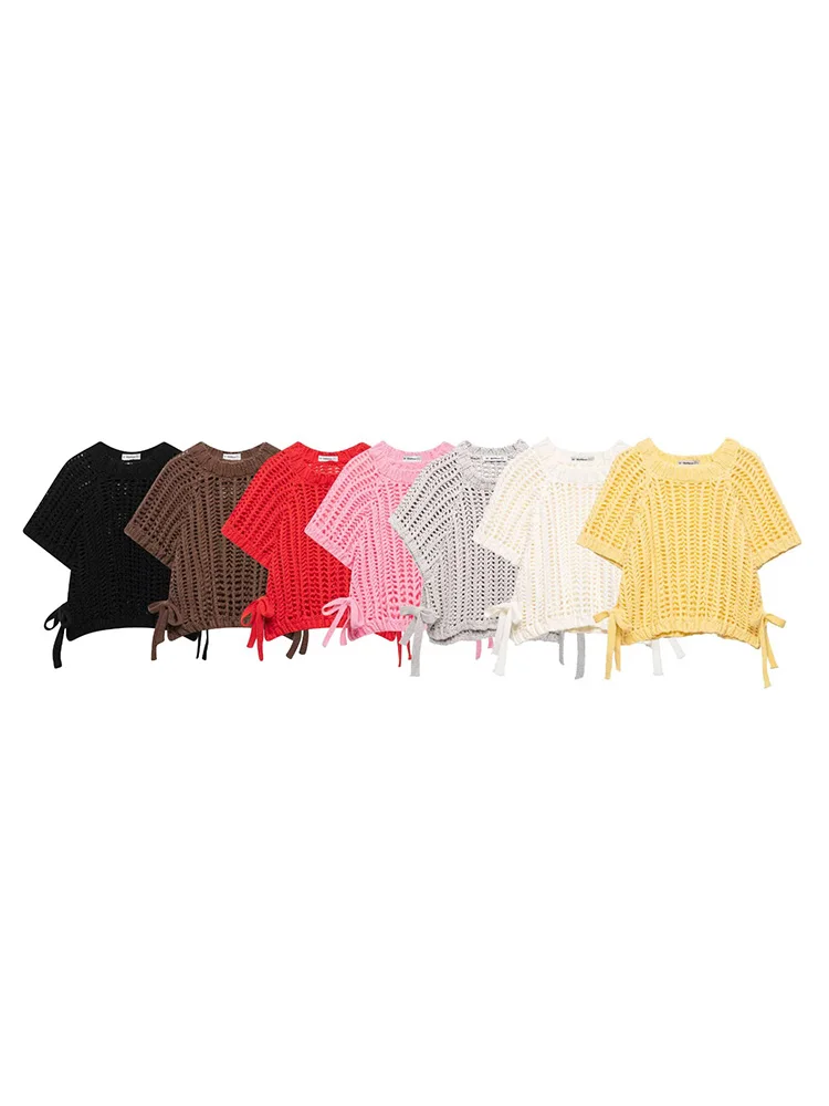 Koekop Women's Fashion Solid Color Skeleton Knit Short Top Vintage Casual Temperament Tie Decoration Chic Lady Top