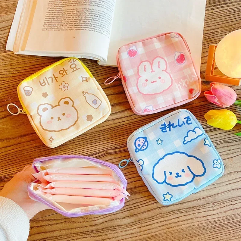 1PCS Girls Cartoon Tampon Makeup Bag Organiser Bags Mini Cosmetic Bag Korean Cute Bear Women Sanitary Napkin Storage Bags