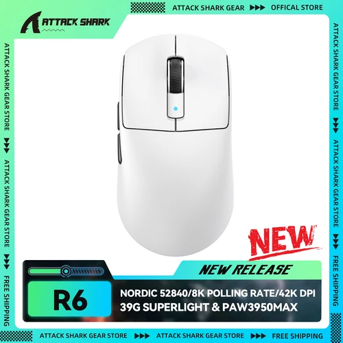 Imagen 1 del producto ATTACK SHARK R6 Ratón inalámbrico para juegos ultraligero 39g 8K, sensor PAW3950MAX, Nordic 52840, 42000 DPI, 2,4G/BT/con cable, para PC/MAC