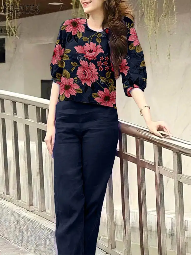 ZANZEA Vintage 3/4 Sleeve Blouse Trousers Suits Women Summer Floral Tracksuits Wide Leg Pant Sets 2PCS Printed Matching Sets