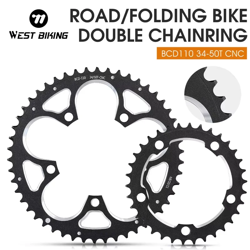 WEST BIKING Road Bike Chainring 110BCD 34T/50T Black Bicycle Double Chainring Plate For 8/9/10/11s Chain Wheel Double Crown