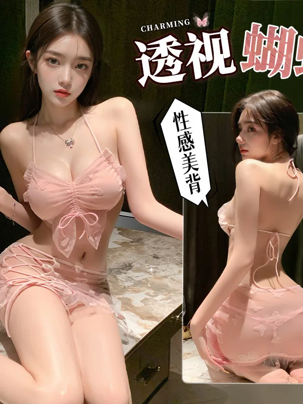 Sexy lingerie borboleta cinta perspectiva bela volta com decote em v três pontos hip abraçando vestido curto elegante quente sexy coreano 1s0m