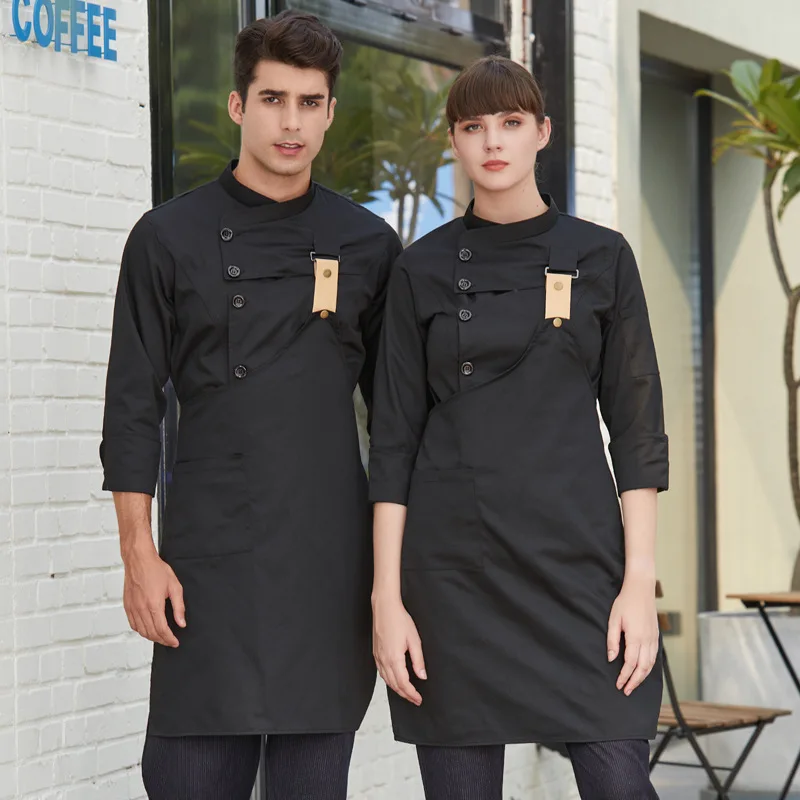 Chaqueta de cocina Unisex, uniforme de chef de restaurante, ropa de trabajo, disfraz de cocinero, Camisa larga, delantal de uniforme de cocina para hombre y mujer