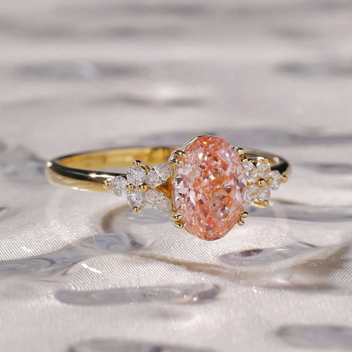 IGI Certified Pink Oval Cut Lab Created Diamond Ring 9K/14K/18K Solid Gold Round and Marquise Cut Cluster Lab Diamond Ring