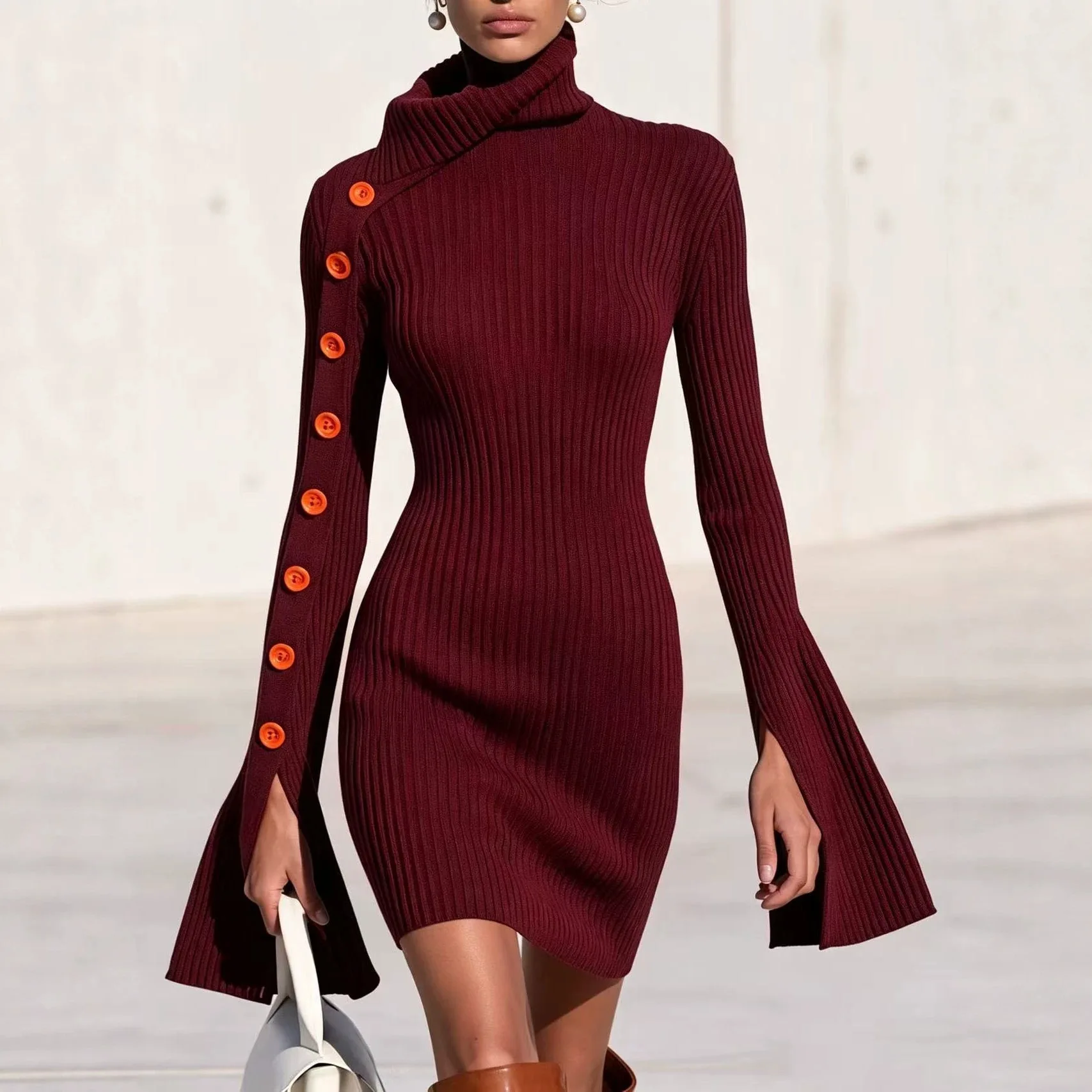 Women's Elegant Ribbed Knitted Tight Fitting Dress With High Neck Split Flared Sleeves Decorative Buttons Slim Fit Party Dress