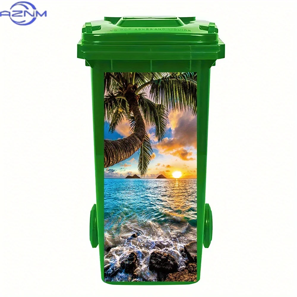 1pc of a Sunset Beach Scene Featuring Palm Trees And Rocks, a Waterproof And Removable PVC Sticker Suitable for Trash Bins, Wa view 4