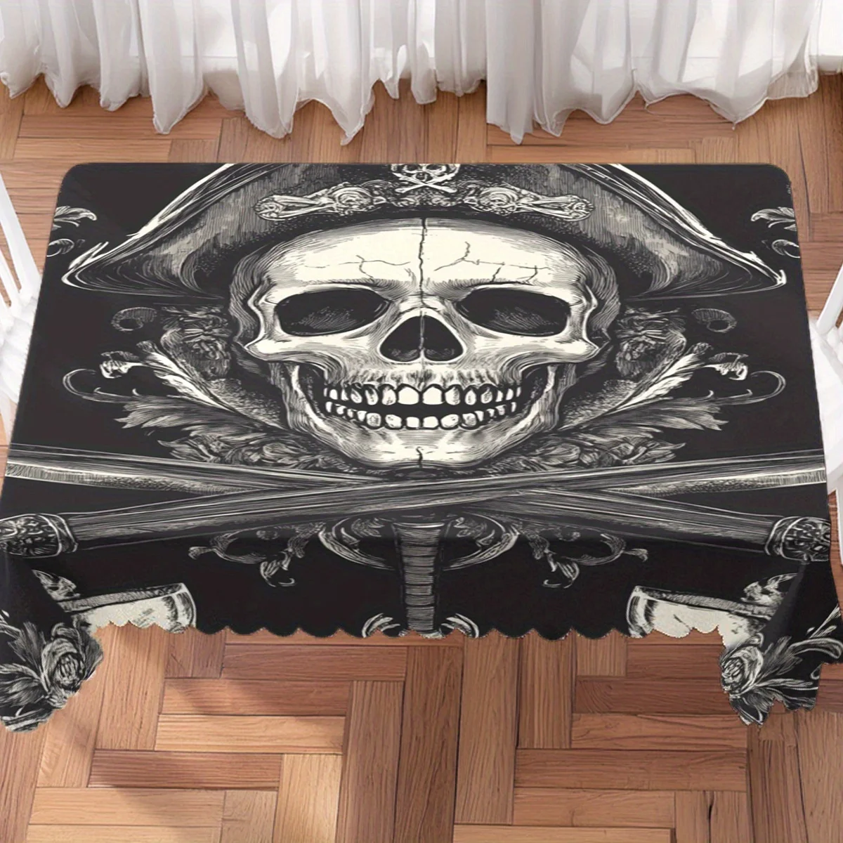 Pirate Skull Crossed Swords Tablecloth, Rectangular Washable Table Cover for Dining Room & Themed Family Party Decoration
