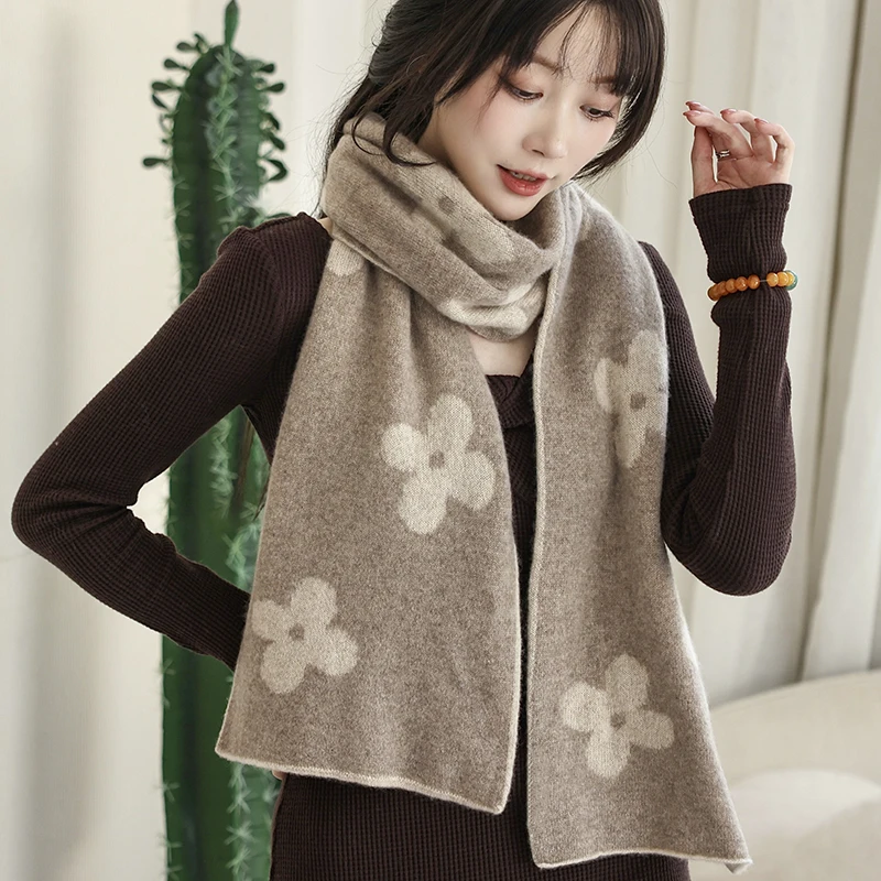 

Besfilin 100% Pure Cashmere Knitted Scarf Floral Design Thick Double Faced Warm for Women Spring Autumn Winter Fashion Accessory