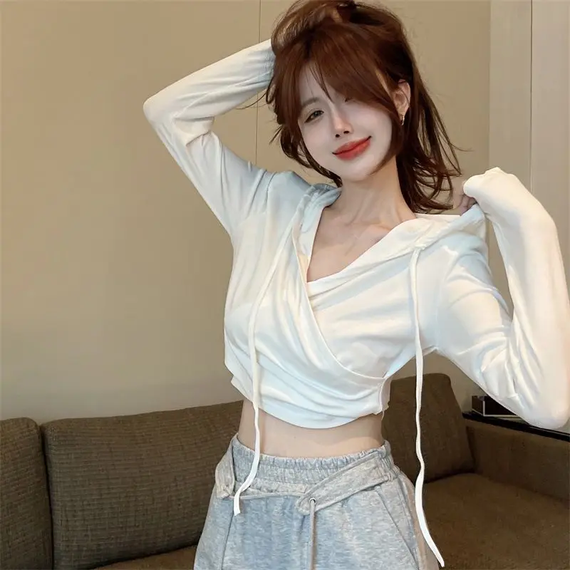 Pure Color Basic Long Sleeve Pleated Slim Crop Tops Casual Hooded V Neck Sexy Summer Fashion Tees High Street Women Clothing