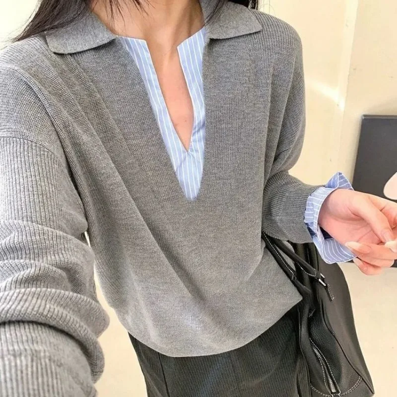 

Женские осенние модные лоскутные свободные однотонные трикотажные изделия с длинными рукавами, женские простые офисные женские универсальные топы с темпераментом